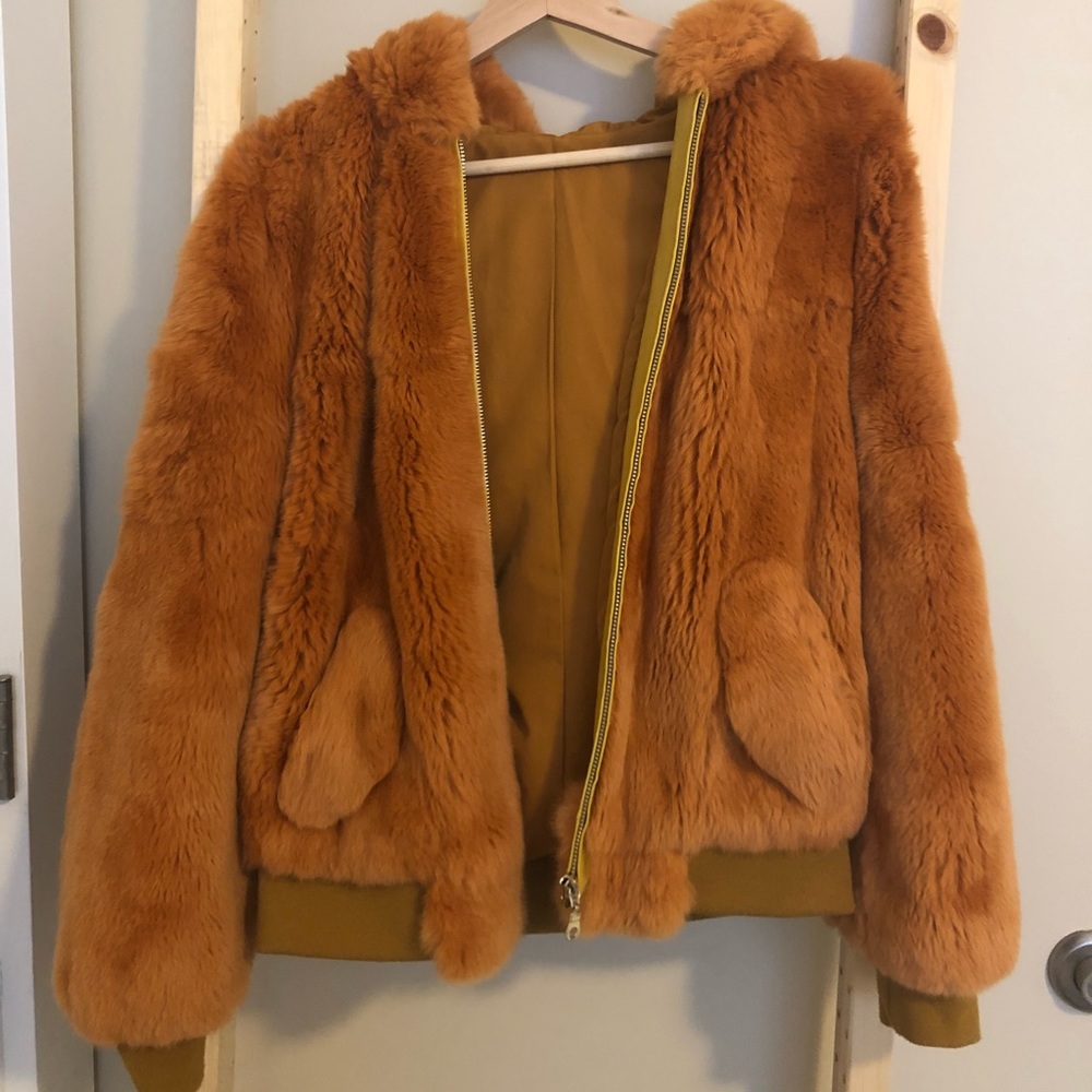 LUXURY bear coat w/ rabbit skin/leather warm&soft!